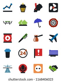 Color and black flat icon set - plane vector, runway, 24 around, umbrella, stamp, picnic table, important flag, truck trailer, oil barrel, microphone, point graph, pen, turkish coffee, serviette