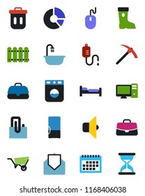Color and black flat icon set - bed vector, case, mouse, circle chart, wheelbarrow, boot, dropper, mail, calendar, paper clip, fence, bathroom, fridge, pc, washer, sound, trash bin, hard work