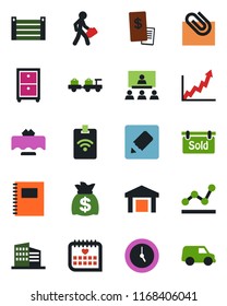 Color and black flat icon set - baggage larry vector, money bag, medical calendar, container, warehouse, clock, notes, copybook, paper clip, point graph, archive box, hierarchy, manager, receipt