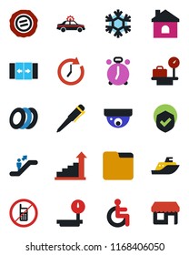 Color and black flat icon set - automatic door vector, escalator, alarm clock, no mobile, car, luggage scales, growth statistic, pen, stamp, house, disabled, sea shipping, shield, heavy, folder