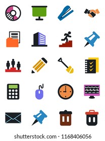 Color and black flat icon set - handshake vector, mail, office building, pedestal, mouse, drawing pin, job, pencil, circle chart, monitor pulse, clock, presentation board, document folder, checklist
