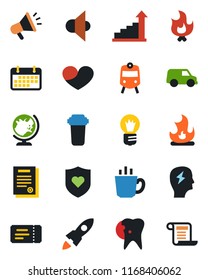 Color and black flat icon set - train vector, ticket, globe, growth statistic, brainstorm, bulb, fire, heart shield, caries, term, speaker, contract, coffee, water filter, rocket, car, advertising