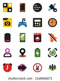Color and black flat icon set - no mobile vector, washer, right arrow, navigation, satellite, gamepad, low battery, phone back, calculator, alarm, network, mute, place tag, eye id, photo gallery