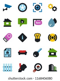 Color and black flat icon set - house vector, estate document, rent, search, key, cushioned furniture, fan, wireless, gear, water, smoke detector, radiator, bulb, eye scan, information, usb flash
