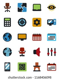 Color and black flat icon set - mobile phone vector, calendar, fireplace, earth, settings, monitor, eye id, application, calculator, target, notebook pc, chip, sound, office chair