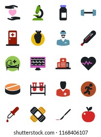 Color and black flat icon set - medical room vector, heart pulse, monitor, blood test vial, dropper, thermometer, microscope, pills, ampoule, scalpel, patch, barbell, run, hospital bed, hand, real