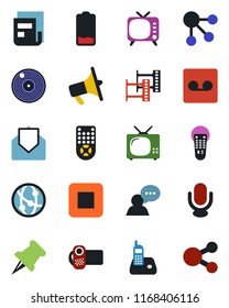 Color and black flat icon set - film frame vector, vinyl, loudspeaker, tv, video camera, microphone, remote control, network, speaker, radio phone, paper pin, low battery, mail, stop button, record