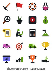 Color and black flat icon set - seedling vector, rec button, target, consumer search, arrow up graph, motivation, money bag, flask, flag, calculator, car, crisis management, award cup, presentation
