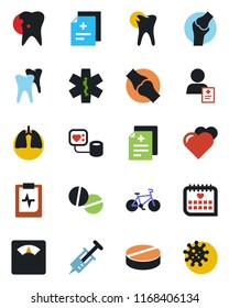 Color and black flat icon set - heart vector, diagnosis, syringe, blood pressure, scales, pills, ambulance star, bike, lungs, tooth, caries, joint, medical calendar, pulse clipboard, patient, virus