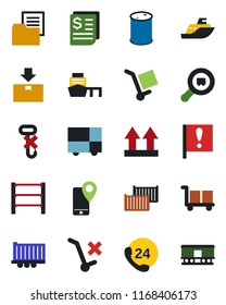 Color and black flat icon set - important flag vector, 24 hours, mobile tracking, sea shipping, truck trailer, cargo container, receipt, port, consolidated, folder document, up side sign, no trolley