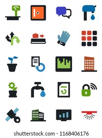 Color and black flat icon set - baggage conveyor vector, checkroom, statistic monitor, document reload, seedling, glove, route, satellite, heavy scales, dialog, menu, scanner, water supply