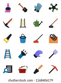 Color and black flat icon set - document search vector, job, trowel, farm fork, ladder, watering can, bucket, glove, saw, hoe, share, themes, torch, paper clip, steaming pan, hard work