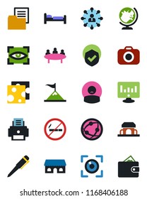 Color and black flat icon set - no smoking vector, globe, bed, hierarchy, pen, meeting, statistic monitor, patient, folder document, shield, camera, network, printer, cafe building, cheese, eye scan