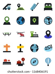 Color and black flat icon set - suitcase vector, baggage conveyor, ladder car, helicopter, luggage scales, airport building, picnic table, signpost, navigation, earth, pin, route, place tag, compass