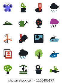 Color and black flat icon set - storm cloud vector, flower in pot, tree, watering can, butterfly, rain, well, plant label, gallery, photo, pond, windmill, fruit, mountains, smoke detector