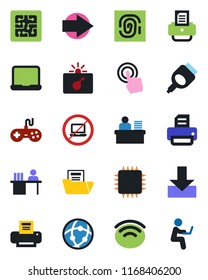 Color and black flat icon set - no laptop vector, bomb in case, right arrow, printer, gamepad, touch screen, hdmi, network, download, wireless, document folder, manager desk, notebook pc, chip