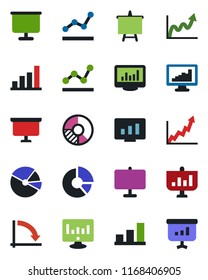 Color and black flat icon set - presentation board vector, crisis graph, statistic monitor, circle chart, statistics, bar, pie, point, growth