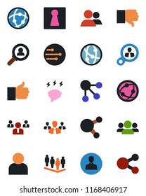 Color and black flat icon set - female vector, team, brainstorm, network, share, group, finger up, down, user, consumer search, social media