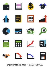 Color and black flat icon set - handshake vector, growth statistic, dollar sign, crisis graph, cash, news, calculator, pie, abacus, contract, credit card, arrow up, wallet, money search