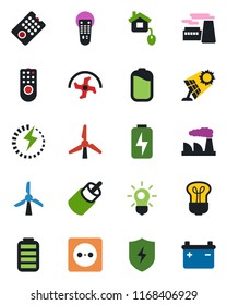 Color and black flat icon set - factory vector, ripper, remote control, battery, rca, protect, charge, windmill, home, socket, bulb, sun panel