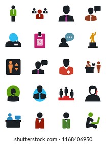 Color and black flat icon set - passport control vector, elevator, manager, speaking man, pedestal, team, place, doctor, support, client, speaker, identity card, estate agent, waiter, with notebook
