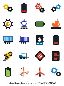 Color and black flat icon set - fork loader vector, gear, truck trailer, flammable, low battery, root setup, windmill, water heater, sun panel