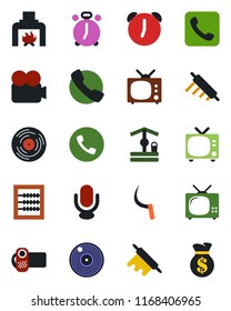 Color And Black Flat Icon Set - Alarm Clock Vector, Phone, Tv, Well, Sickle, Vinyl, Video Camera, Microphone, Call, Abacus, Fireplace, Rolling Pin, Money Bag