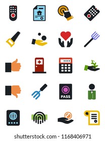 Color and black flat icon set - passport vector, medical room, garden fork, farm, saw, heart hand, touch screen, finger up, down, fingerprint id, estate document, waiter, remote control, investment
