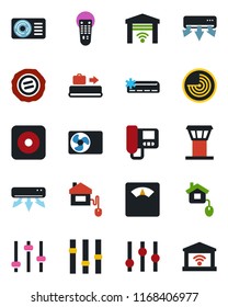 Color and black flat icon set - airport tower vector, baggage conveyor, radar, stamp, scales, settings, remote control, rec button, tuning, air conditioner, home, intercome, garage gate