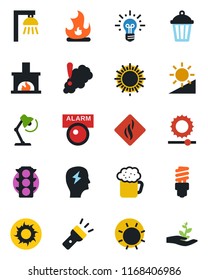 Color and black flat icon set - sun vector, brainstorm, fire, garden light, traffic, torch, brightness, desk lamp, fireplace, beer, smoke detector, energy saving bulb, outdoor, alarm led, idea