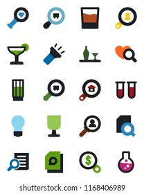 Color and black flat icon set - document search vector, bulb, blood test vial, heart diagnostic, fragile, cargo, torch, estate, client, alcohol, drink, cocktail, consumer, money, flask