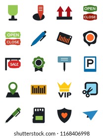 Color and black flat icon set - parking vector, vip, pen, stamp, plant label, heart shield, pin, fragile, up side sign, barcode, sd, cut, sertificate, sale, open close, paper plane