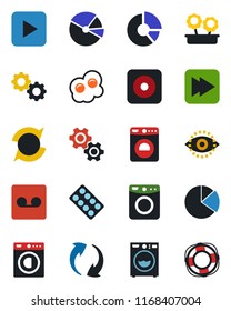 Color and black flat icon set - washer vector, circle chart, pills blister, play button, fast forward, rec, update, record, eye id, pie graph, flower in pot, omelette, gear, crisis management