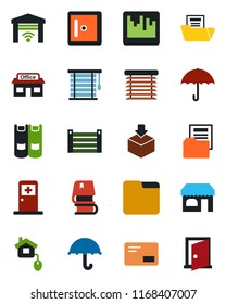 Color and black flat icon set - shop vector, medical room, checkroom, book, store, container, umbrella, package, mail, scanner, folder, document, home control, jalousie, garage gate, door