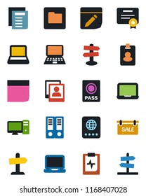 Color and black flat icon set - passport vector, office binder, notebook pc, document, pulse clipboard, signpost, laptop, folder, notes, photo gallery, blank box, sale, pass card, certificate