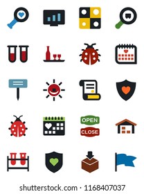Color and black flat icon set - statistic monitor vector, contract, lady bug, plant label, blood test vial, heart diagnostic, shield, medical calendar, package, search cargo, application, warehouse