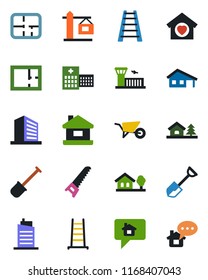 Color and black flat icon set - airport building vector, office, shovel, ladder, wheelbarrow, saw, hospital, house, with garage, tree, plan, sweet home, city, crane, message