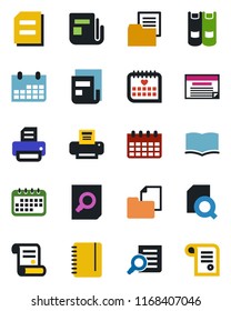Color and black flat icon set - book vector, document search, notepad, calendar, printer, contract, medical, folder, news, schedule
