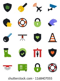 Color and black flat icon set - plane radar vector, security gate, border cone, safe, lock, glove, boot, heart shield, key, home protect, surveillance, sprinkler, crisis management