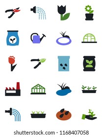 Color and black flat icon set - watering can vector, pruner, seedling, greenhouse, seeds, pond, fertilizer, tulip, flower in pot, factory, palm sproute