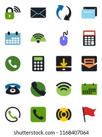 Color and black flat icon set - phone vector, mail, mouse, calendar, call, update, download, wireless, calculator, lock, flag