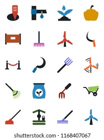 Color and black flat icon set - fence vector, garden fork, farm, rake, wheelbarrow, well, hoe, sickle, plant label, pumpkin, fertilizer, drip irrigation, windmill