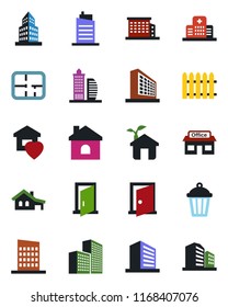Color and black flat icon set - office building vector, fence, house, garden light, hospital, store, with garage, plan, sweet home, city, eco, door