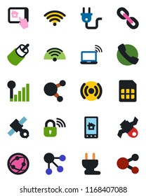 Color and black flat icon set - wireless notebook vector, satellite, network, share, chain, rca, call, sim, cellular signal, power plug, lock, home control app, social media