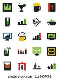 Color and black flat icon set - security gate vector, statistic monitor, equalizer, scanner, statistics, bar graph, alcohol, wine card, drink, cocktail, phyto, beer, salad, sushi, arrow up