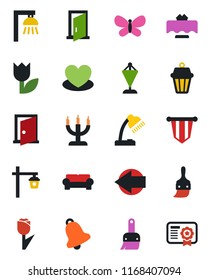 Color and black flat icon set - left arrow vector, pennant, butterfly, garden light, heart, tulip, themes, bell, desk lamp, cushioned furniture, restaurant table, candle, outdoor, door, certificate