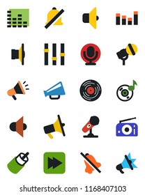 Color and black flat icon set - vinyl vector, microphone, radio, speaker, loudspeaker, settings, equalizer, fast forward, rca, mute, music, sound, advertising