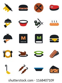 Color and black flat icon set - cafe vector, menu, plates, bacon, waiter, bread, chicken, steak, kebab, hamburger, ladle, bowl, rolling pin, sushi, cheese