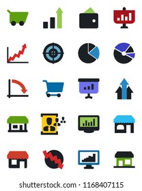 Color and black flat icon set - shop vector, growth statistic, crisis graph, store, monitor statistics, pie, hr, target, arrow up, wallet, cart, presentation, storefront