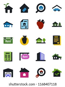 Color and black flat icon set - office building vector, house, real heart, contract, with garage, tree, estate document, rent, search, smart home, eco